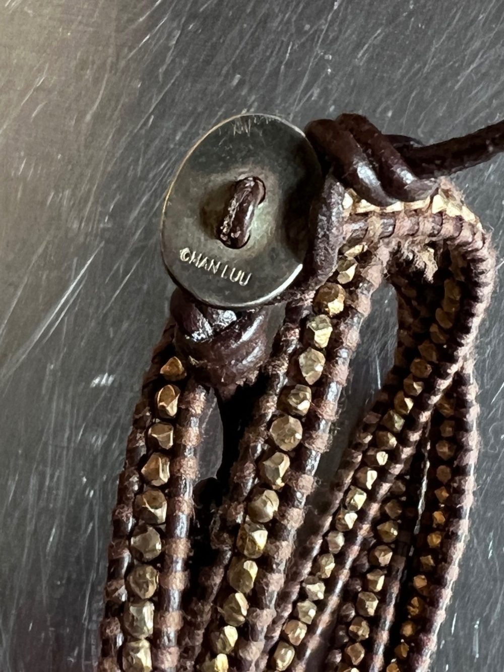 Chan Luu Leather Brown Leather Wrap Bracelet with Gold beads and Sterling Clasp